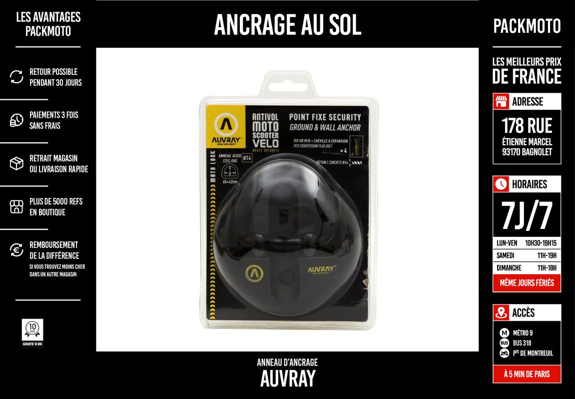 Antivol Moto / Scooter - Ancrage au sol - AUVRAY - NEUF + Facture