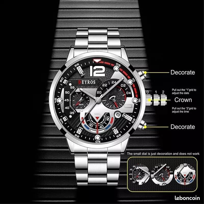 Montre Homme Luxe en Acier Inoxydable Bracelet Quartz avec Date