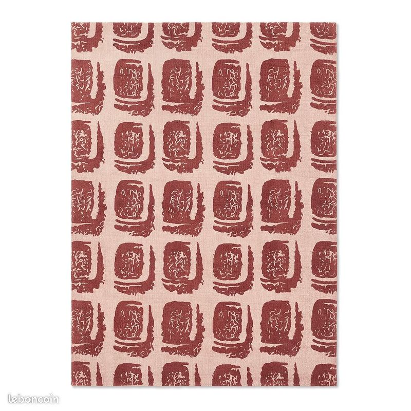 Tapis coton abstrait rectangle moderne Woodblock Rouge 250x350 (image 1)