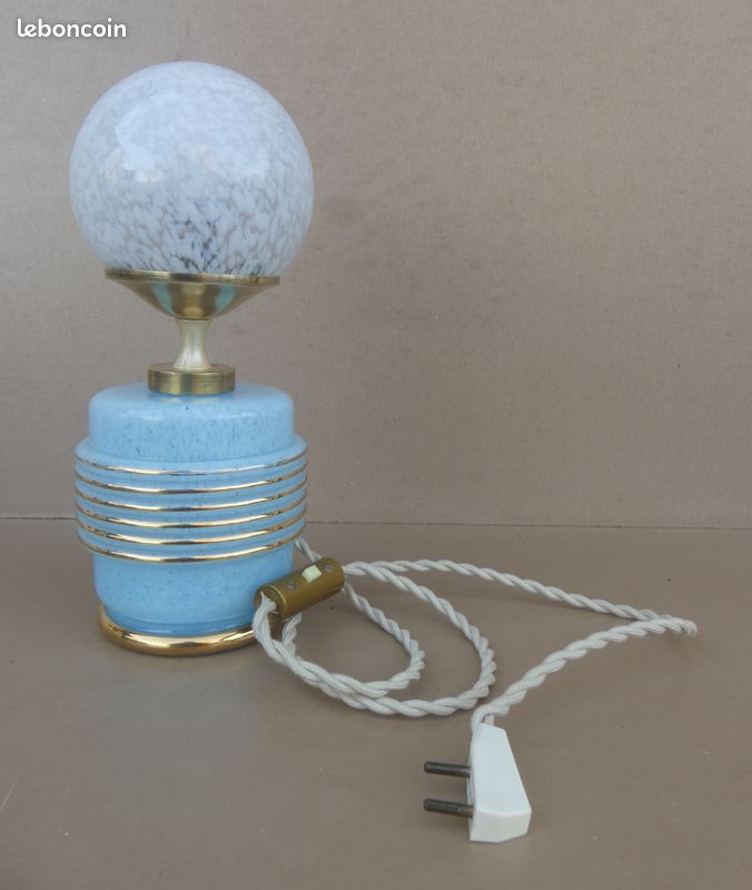 Lampe verre de Clichy bleu & boule blanche de bureau vintage luminaire ancien (image 8)