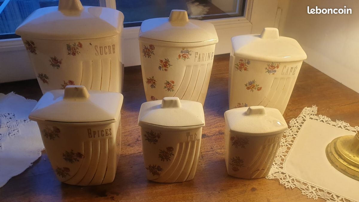 Ancienne Boîte à Épices Faïence LABRUT ET CIE – Série Complète 5 Pots – Vintage Blanc