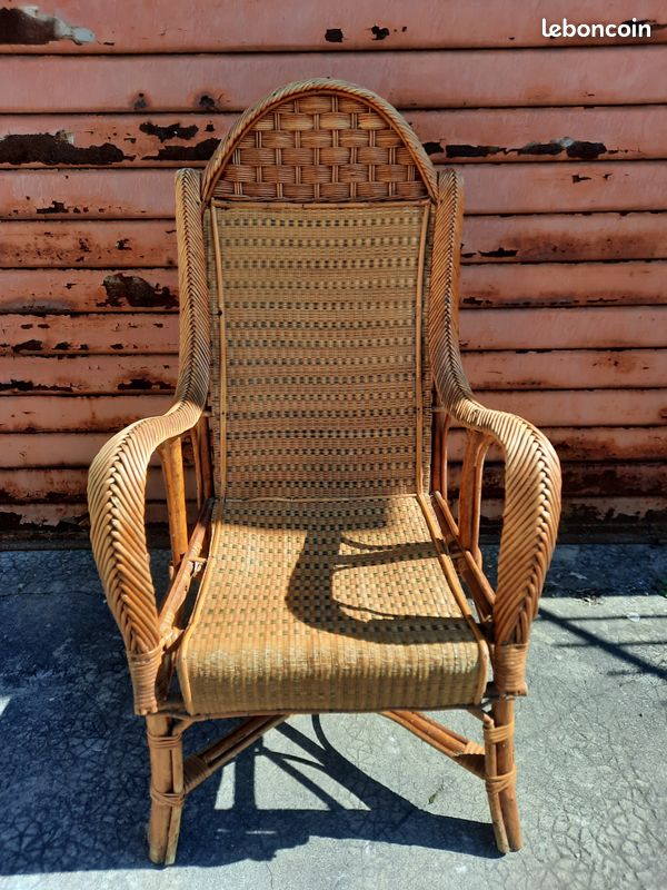 Ancien GRAND FAUTEUIL en ROTIN et CANNAGE Vintage Années 30s 40s Déco Maison Terrasse (image 2)