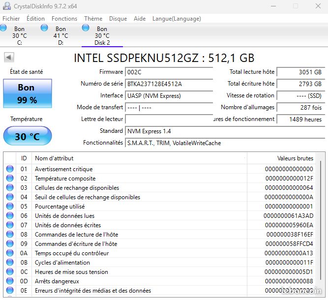SSD NVMe 512go / Intel 670p / 99% (image 2)