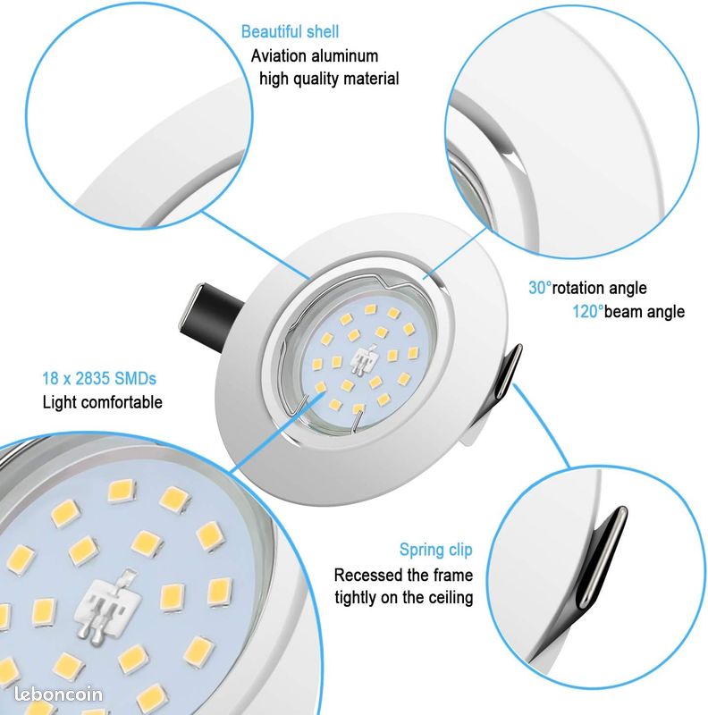 Spot LED Encastrable Orientables,230V Lumière Blanc Froid 6000K,5W(Equivalente 50W Halogène) 600lm GU10 Plafonnier Encastré,Rond Blanc Métal Cadre,30°orientable 120°d’éclairage,Non-Dimmable-Lot de 10 (image 7)