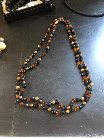 Gros Collier Ancien En Perles De Verre Noir Facettées - Collier De Perles Vintage - État Bon (occasion)