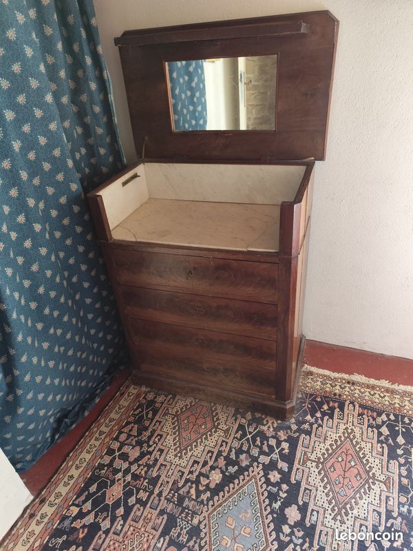 Coiffeuse ancienne à abattant avec miroir et marbre – à restaurer (image 1)