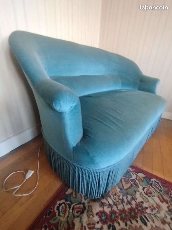 Rare salon Art Déco complet années 1940-1950 – Canapé 2 places + 3 fauteuils en velours d'origine (image 1)