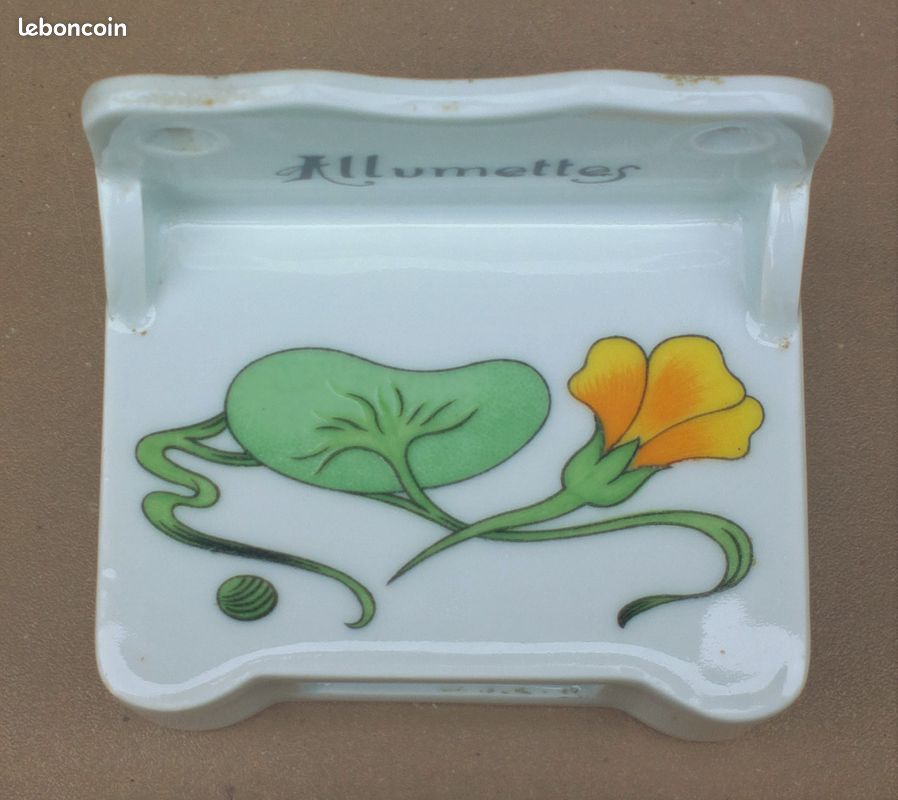 Ancienne BOITE A ALLUMETTES en PORCELAINE DU VAL DU CHER décor de fleurs jaune (image 6)