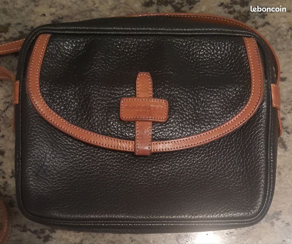 Sac à bandoulière vintage Courrèges Paris - Cuir noir & camel - Made in France (image 1)