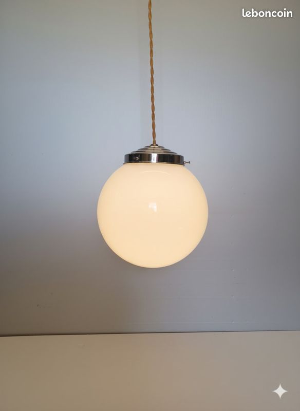 Ancien Globe Opaline Couleur Soleil – Suspension Bronze, Style Château/bateau
