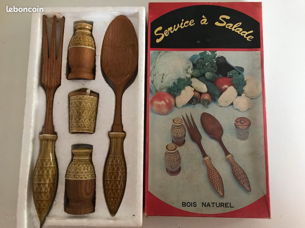 Couverts à Salade Anciens – Bois Et Céramique, Fabrication Japonaise Années 70