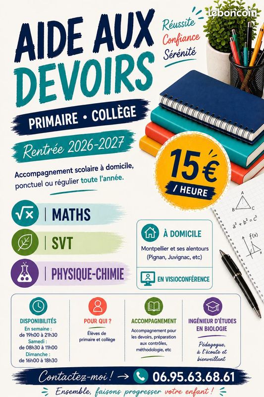 Aide aux devoirs – Maths, SVT, Physique-Chimie – Primaire & Collège (image 1)