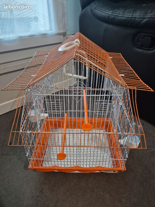 Grande Cage oiseaux Orange et blanche avec perchoirs (image 2)