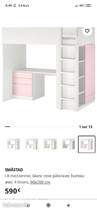 Lit mezzanine, blanc rose pâle/avec bureau ikea avec matelas (image 3)