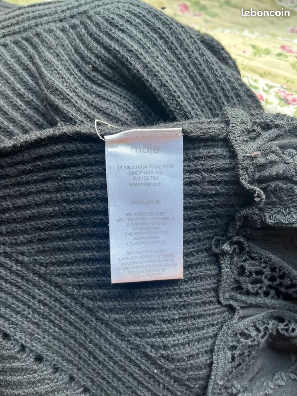 Pull maille côtelée Coton/Angora/Laine Maje dentelle florale brodée finition festonnée 3/L (image 5)