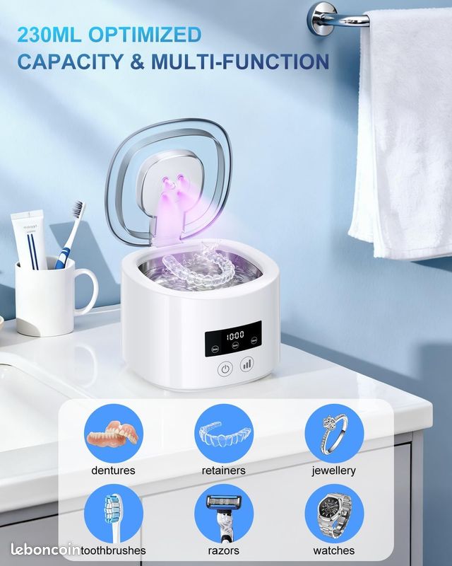 50000Hz Nettoyeur Ultrasons,Ultrasonic Cleaner avec 4 Lampe UV,3  Modes,Affichage numrique HD,230ML Portable Pod Dentaire pour  Prothses,Gouttire Dentaire,Retainer,Bijoux,tte de brosse etc,Blanc -  lectromnager