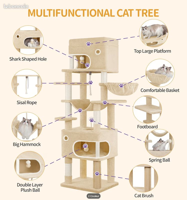 Arbre Ă Chat de 178 cm avec Grande Plateforme, 2 Grottelettes, 7 Poteaux Griffoirs, (gris clair ou gris foncĂ©) - Neuf - Livraison gratuite en Europe âââ (image 3)