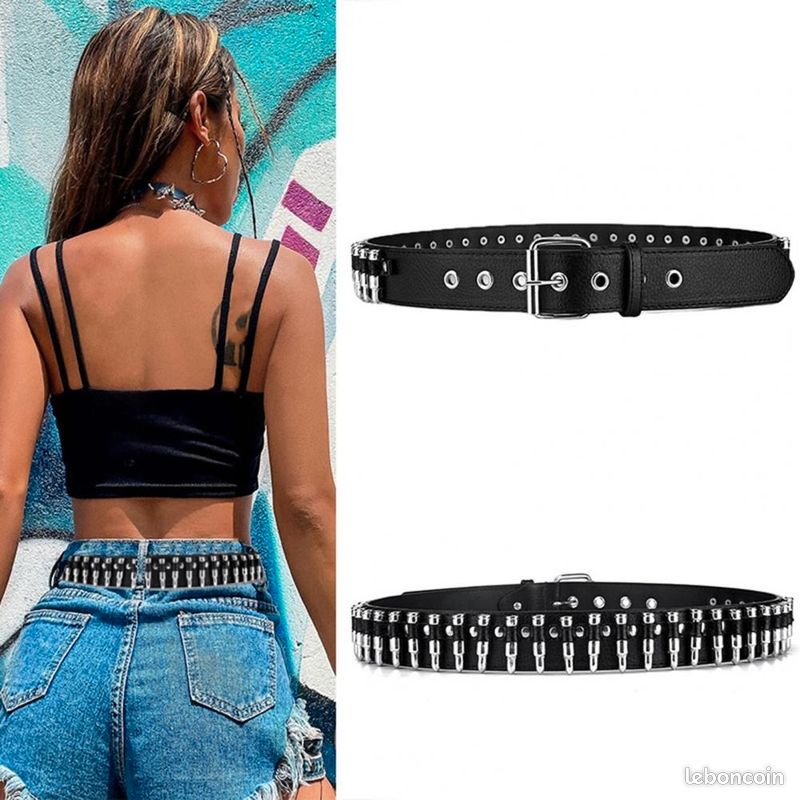 Ceinture Femme Vintage Cuir Noir Cloutée - Style Punk Biker Rock, Taille 105