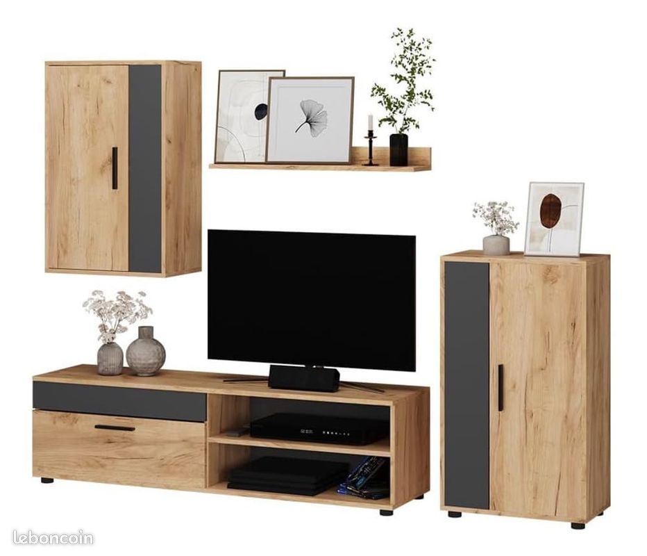 Ensemble Mural TV Design – Lot de 4 Éléments – Chêne de Force Doré & Anthracite – Meuble Bas, Buffet, Armoire Suspendue & Étagère (image 1)