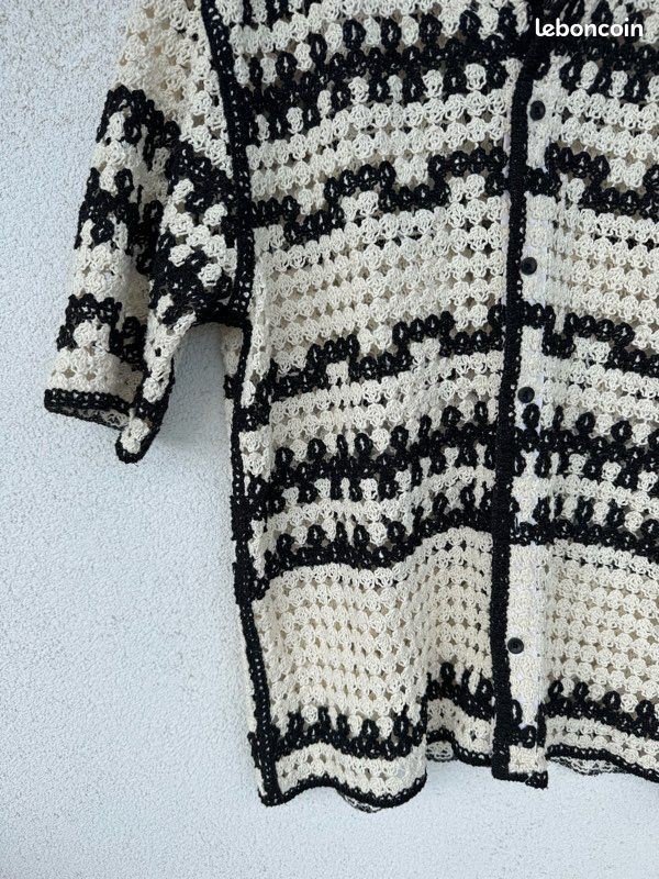 Chemisier Vintage Zara Noir à Pois – Manches Courtes, Inserts Crochet – Taille M, Occasion Très Bon état