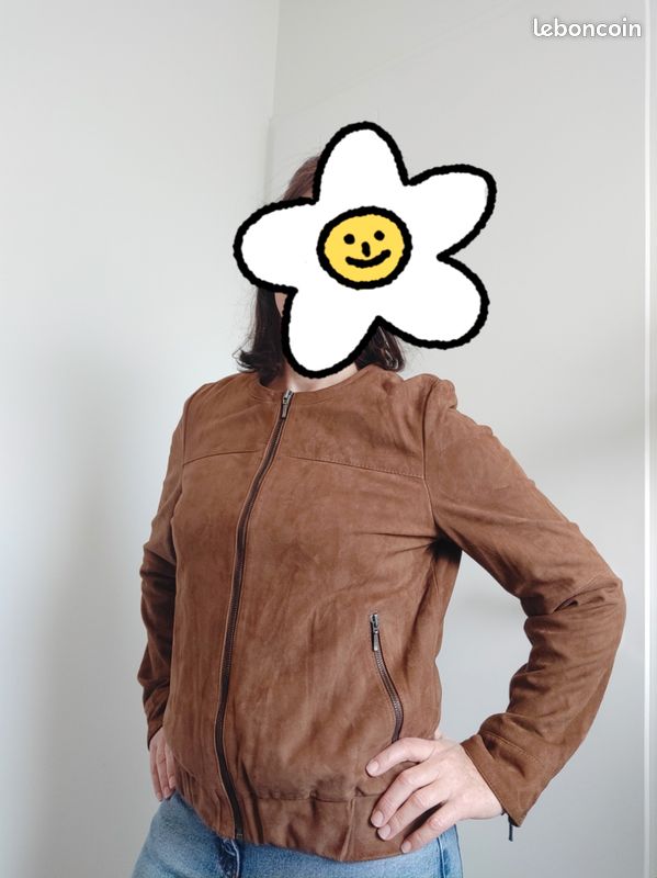 Blouson Moto Femme Paris Sport Club - Cuir Et Daim Marron Clair - Taille M