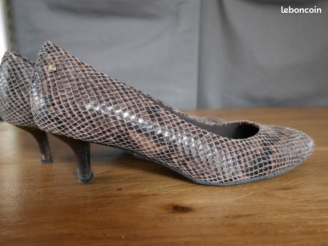 Escarpins Inuit En Cuir Marron Avec Devant Peau De Serpent Aqua Foncé - Taille 6 M - Occasion
