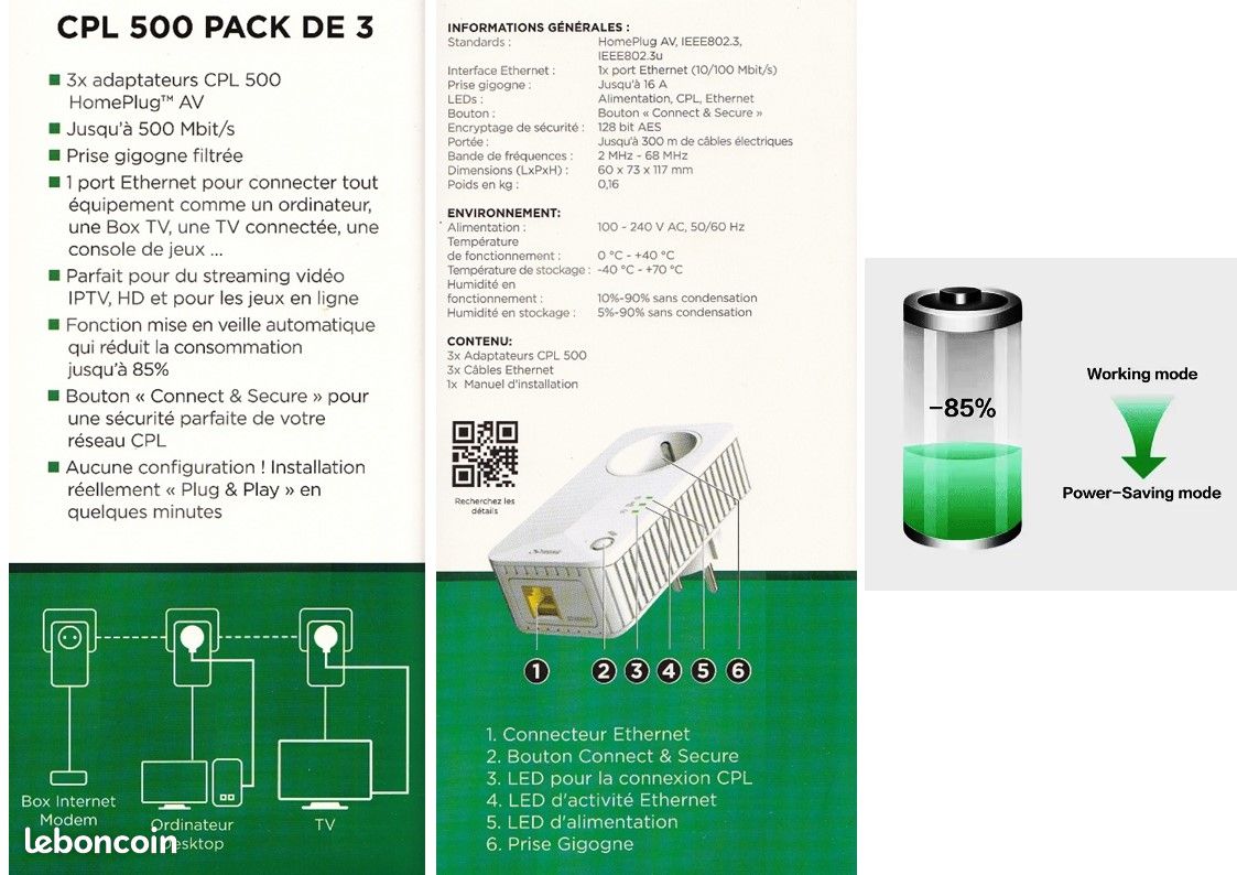 Pack de 3 CPL Ethernet (RJ45) 500 Mbits marque « Strong » (image 2)