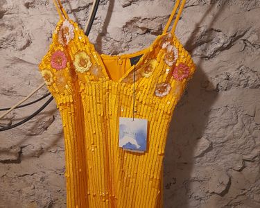 knee length dresses for ladies Orange Feather Embellished Sequin Mini Dress – Selene Dress main image 1