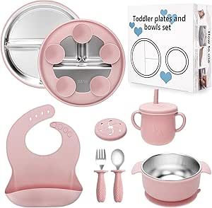Ensemble Repas Anti-BPA Set Couverts Bébé CLDY 8 Pièces - Acier Inoxydable & Silicone, Assiette Ventouse, Sans BPA - Rose Vaisselle Bébé Sans Bpa