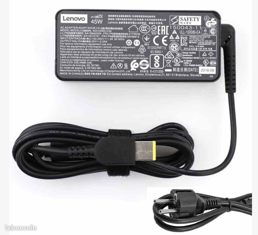 Chargeur Original Lenovo 45W 20V 2.25A - Modèle ADLX45NCC3A - Compatible ThinkPad X240-X270, T440-T470, Etc.
