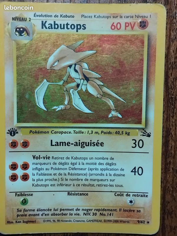 Carte Pokmon Kabutops holographique 9/62 edition 1 - Collection Carte Pokmon Kabutops holographique 9/62 edition 1 - Collection