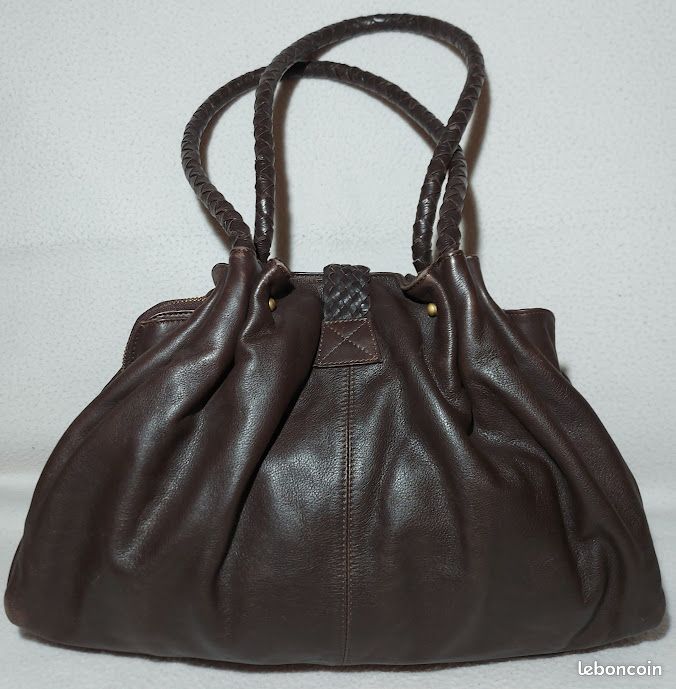 Caroll Sac à Main Cuir de Vachette Grainé Anses & Rabat Tréssé Marron Foncé Hauteur 26 cm Vintage (image 3)