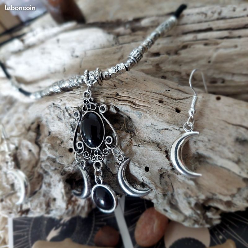 Parure boho mystique, triple lune obsidienne, sautoir noir multiperles (image 6)
