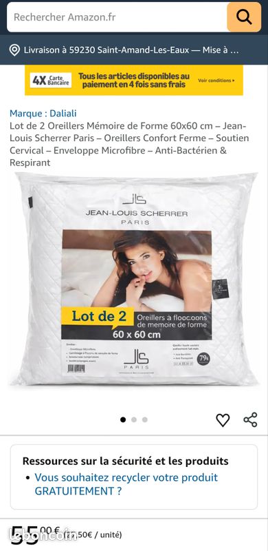 Jean Louis Scherrer Lot De 2 Oreillers à Mémoire De Forme 60x60 Cm – Confort Exceptionnel Et Soutien Optimal