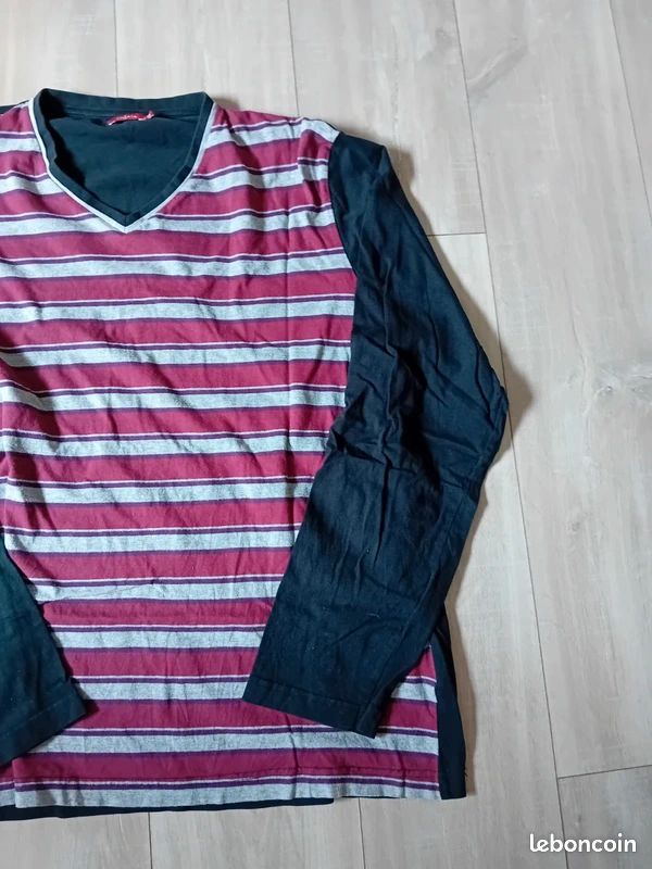 T-shirt manches longues Tissaia XXL – Rayé bordeaux & gris – Col V (image 4)