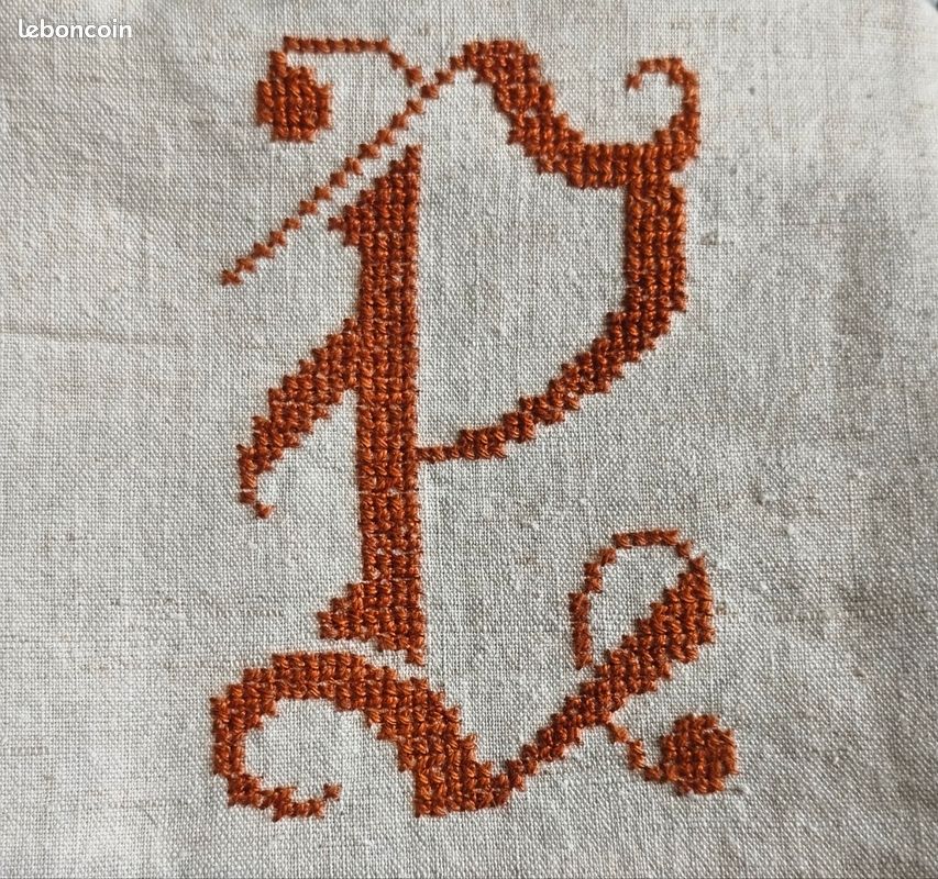 Drap Plat Ancien En 100% Lin Français – Brodé Initiales B.A, Beige, Très Long 220cm