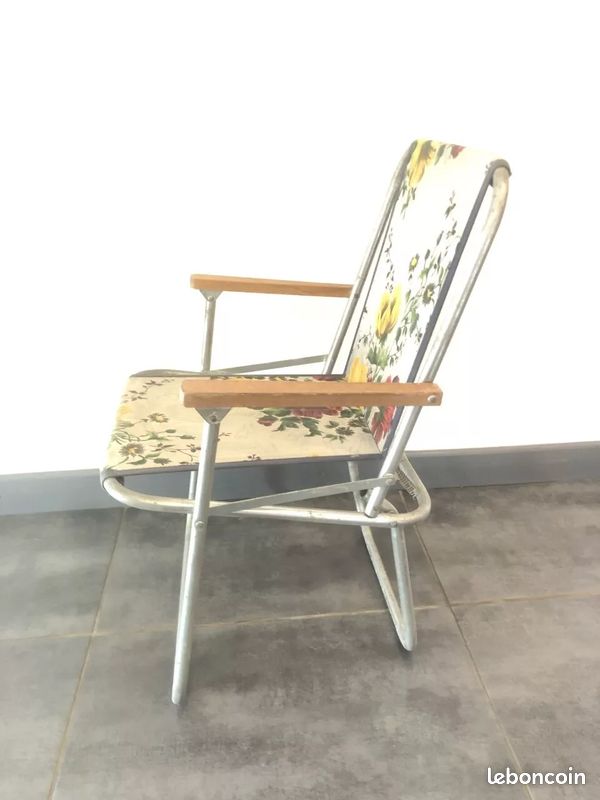 Chaise Pliante Enfant Vintage Années 70 - Kitsch, Aluminium Et Tissu Bleu, Camping