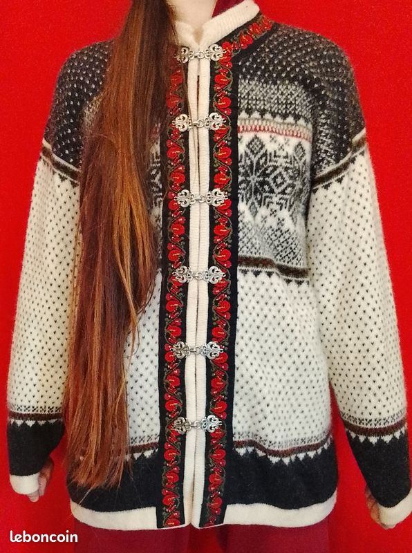 Veste Cardigan Femme Vintage En Laine - Motif Fair Isle - Taille S - Beige
