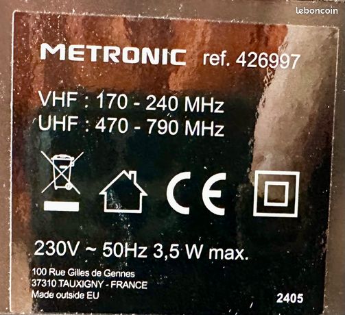 Antenne Intérieure UHF/VHF Metronic 426994 PRIMA - Gain 49 DB Réglable - Réception TNT HD