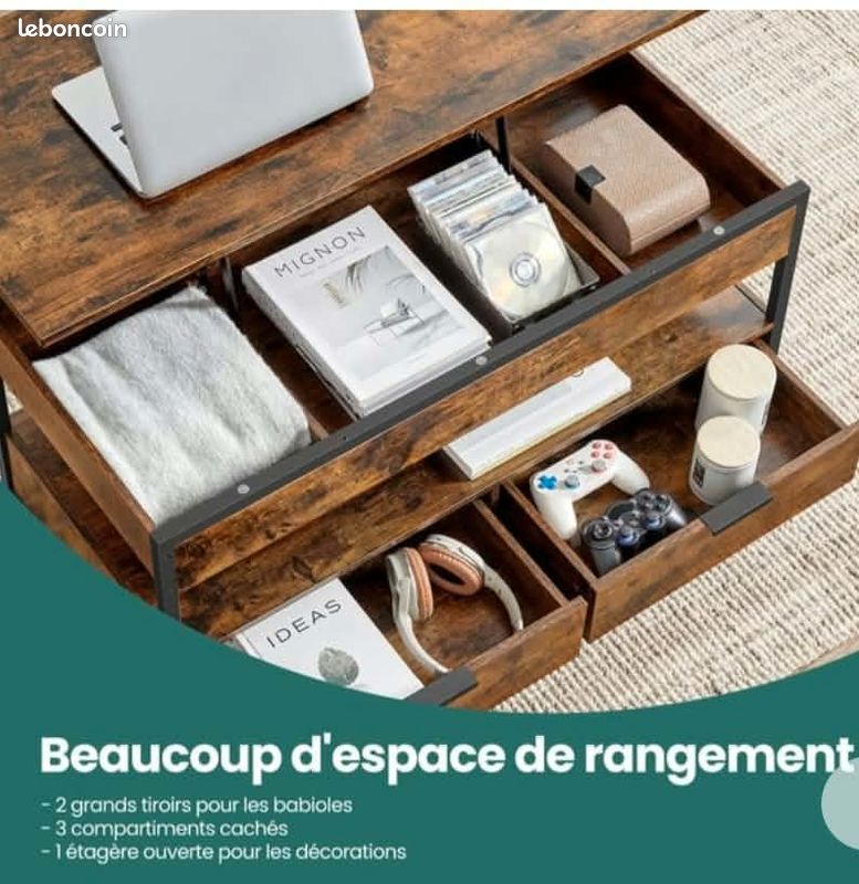 Table basse relevable et tiroirs, couleur bois (image 6)