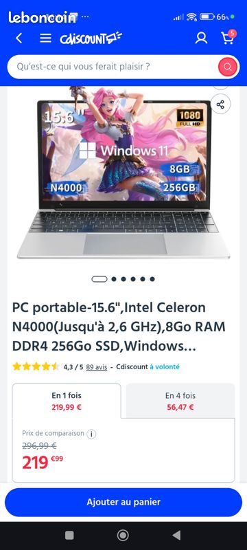 Ordinateur Portable 15.6" - Processeur Celeron N4000, 8Go RAM, 256Go SSD - Écran FHD IPS 1920x1080 - Léger 1.6kg - Windows 11