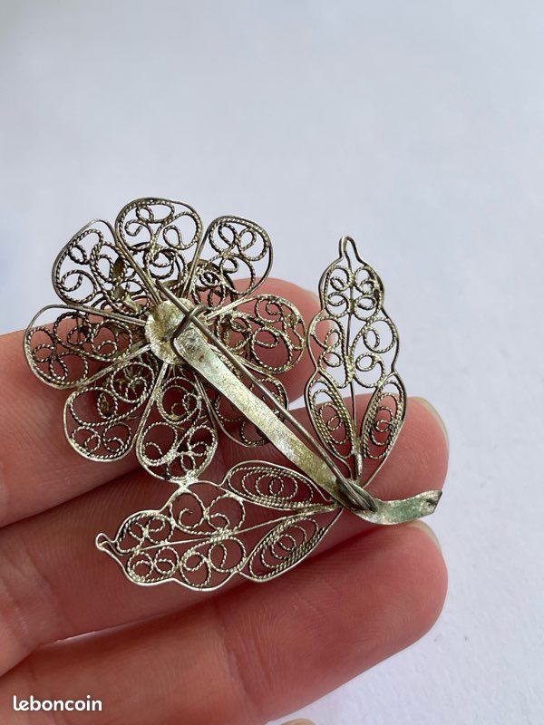 Broche Ancienne En Argent Filigrané, Motif Narcisse Fleur, Style Vintage XIXème Siècle - Occasion