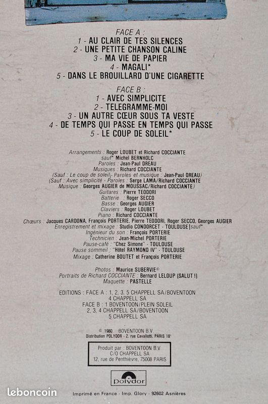RICHARD COCCIENTE – Au clair de tes silences – Disque Vinyle LP 33 tours de 1980 (image 3)