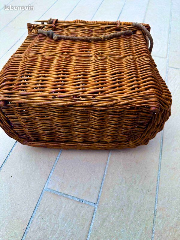 Ancienne Créole De Pêche En Osier Et Cuir – Vintage 1930 – Décoration