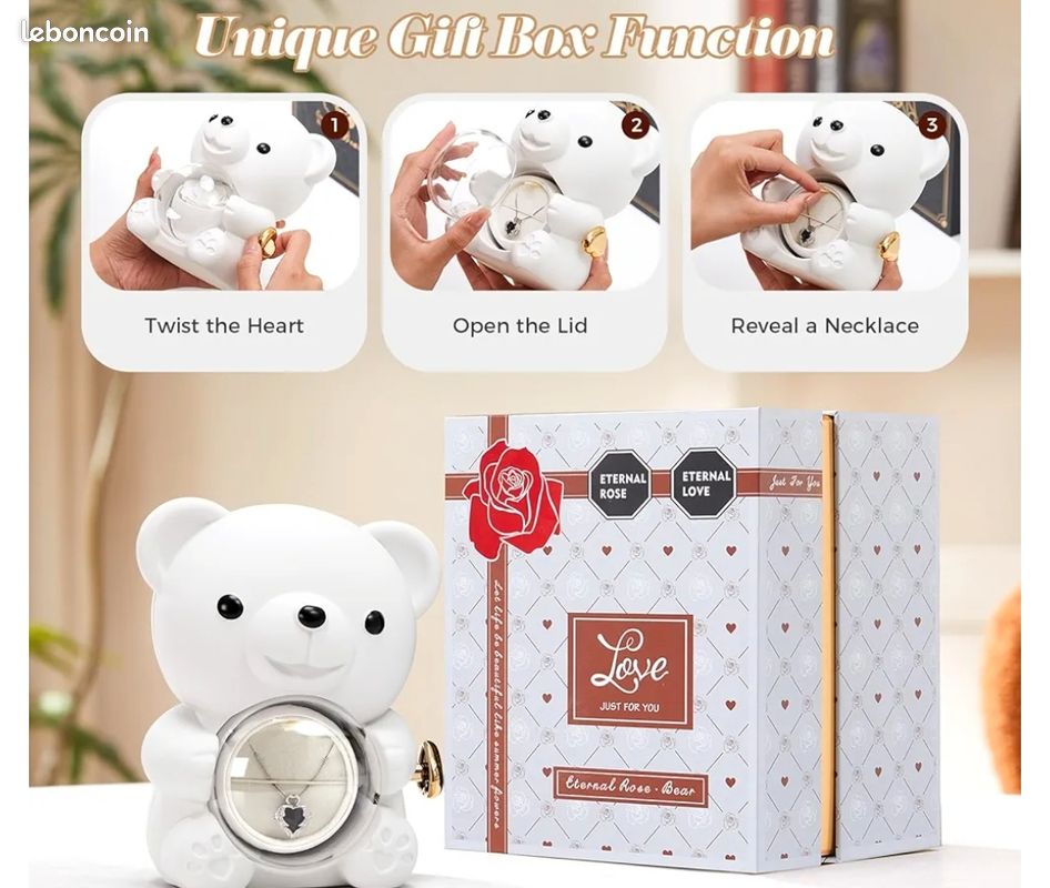 Mikasol Ours en Teddy Romantique Blanc avec Rose Préservée - Cadeau Parfait pour la Saint-Valentin (image 5)