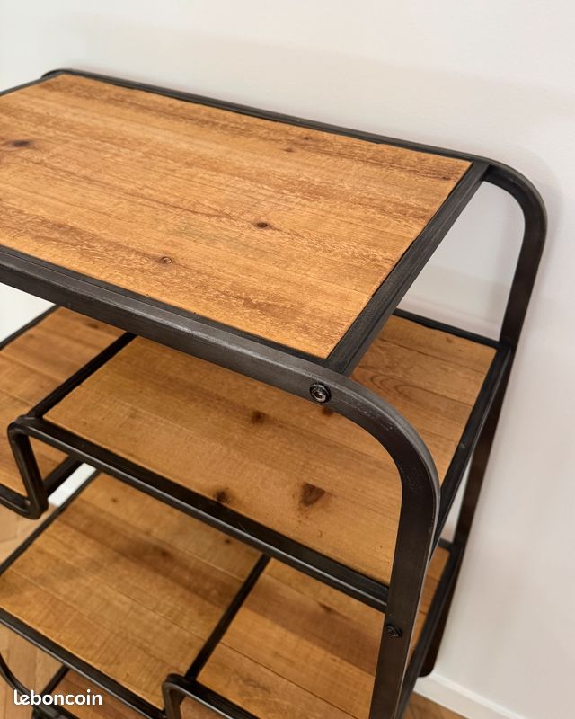 Etagère industriel asymétrique bois métal roulette (image 5)