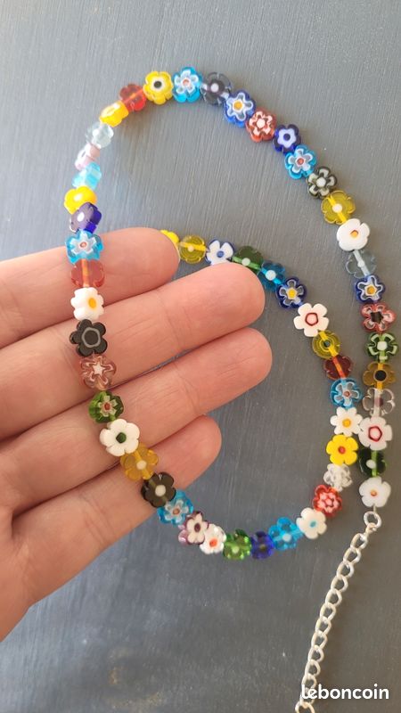 Collier En Verre De Murano Authentique - Court 43 Cm Millefiori Vert Transparent Fait Main à Venise Pour Femme