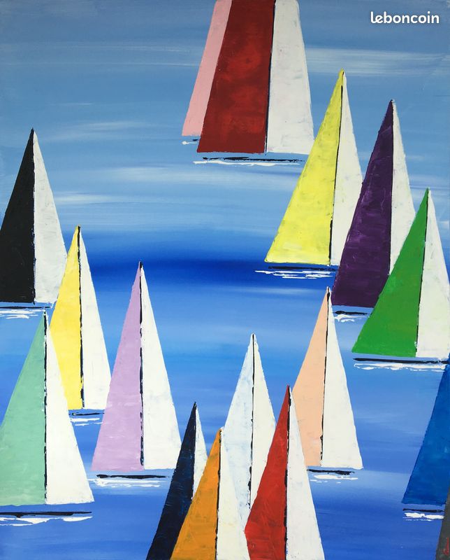 Valerie jouve artiste peintre bretonne vous propose ce tableau : peinture semi abstraite, marine, représentant la mer et des bateaux en régate (image 1)