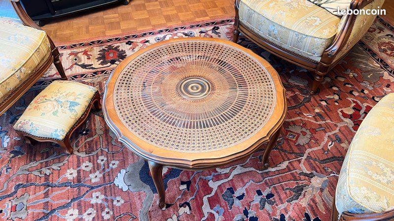 Table basse 70 cm hanae ronde bois façon hêtre et plateau effet naturel cannage