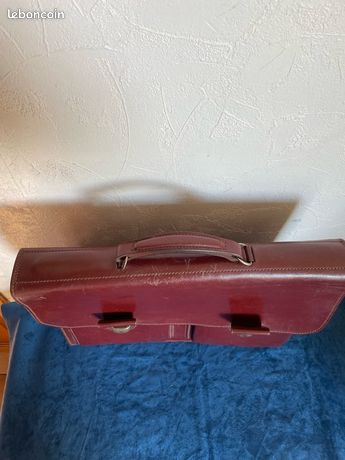 Cartable Vintage En Cuir Bordeaux – Style Ancien, Quelques Coutures à Repriser
